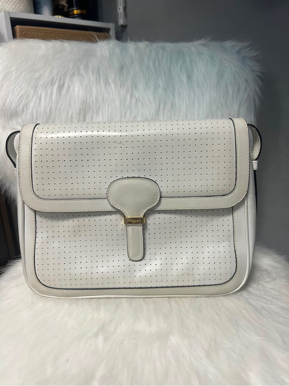 FerragamoWhite Perforated Leather Messenger Crossbody Shoulder Bag